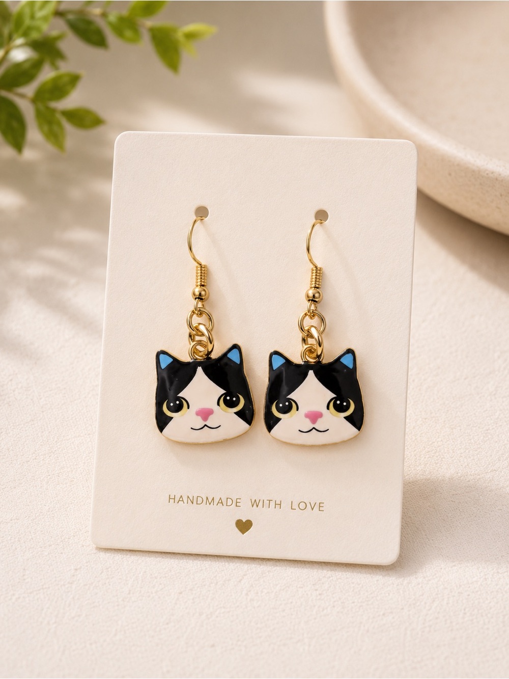 Cute Black and White Cat Earrings Kitten‎ Kitty Lover Gold Dangle Drop